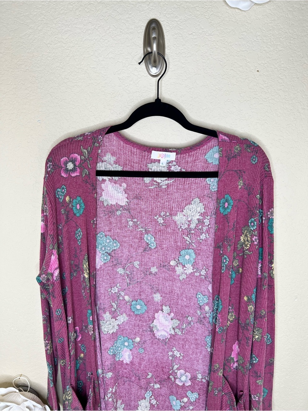 NTM: LuLaRoe Sarah Floral Duster Cardigan Large Pink Ribbed Open Front Pocketed - Picture 3 of 13